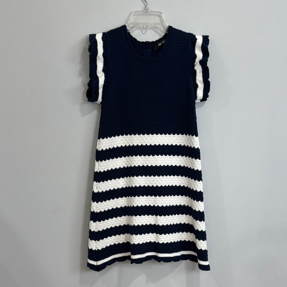 Blue and White A-Line Flutter Sleeve Dress